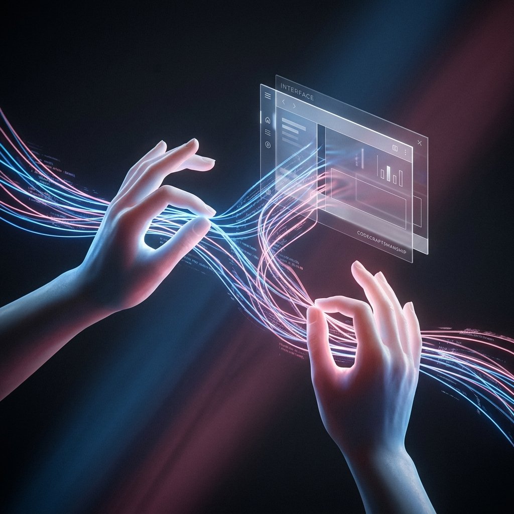 BitByHuman software craftsmanship showing hands weaving code filaments into a holographic interface